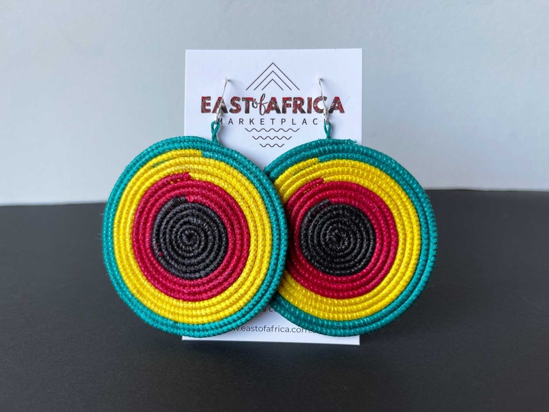 Round Woven East African Earrings RASTA image 1