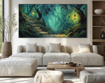 Enchanted Forest Path Oil Painting, Textured Lanterns Wall Art, Mystical Glowing Landscape On Canvas