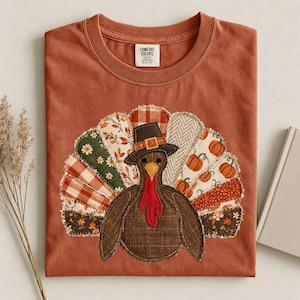 Faux Patchwork Fall Turkey Shirt, Comfort Colors Autumn Thanksgiving Shirt, Women Crewneck Tshirt, Cute Fall Gift, Checkered Pumpkins Tee