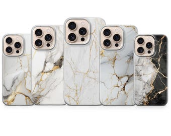 iPhone 17Pro Max、16e、15、14、13、Samsung S25 Ultra、S24 FE、A56、A16、Pixel 10XL、9a、8、7用ゴールドカバー付きホワイトマーブル電話ケース