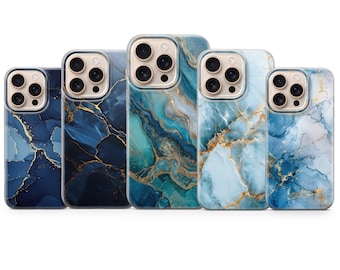 ブルーマーブルのゴールドカバー付き電話ケース、iPhone 17Pro Max、16e、15、14、13、Samsung S25 Ultra、S24 FE、A56、A16、Pixel 10XL、9a、8、7用