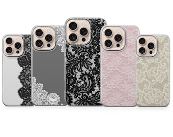 ヴィンテージレースの携帯電話ケース、エレガントなデザインカバー、iPhone 17Pro Max、16e、15、14、13、Samsung S25 Ultra、S24 FE、A56、A16、Pixel 10XL、9a、8、7用