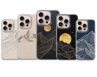 マウンテンラインアート 携帯ケース マウンテンカバー iPhone 17Pro Max、16e、15、14、13 & Samsung S25 Ultra、S24 FE、A56、A16、Pixel 10XL、9a、8、7用