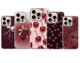 赤いチェリーの携帯ケース、かわいいチェリー柄カバー、iPhone 17Pro Max、16e、15、14、13、Samsung S25 Ultra、S24 FE、A56、A16、Pixel 10XL、9a、8、7用