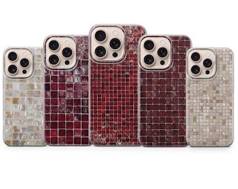 モザイク バーガンディ 携帯ケース タイルガラスカバー iPhone 17Pro Max、16e、15、14、13 & Samsung S25 Ultra、S24 FE、A56、A16、Pixel 10XL、9a、8、7用