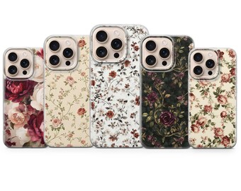ヴィンテージフラワー 携帯ケース 花柄カバー iPhone 17Pro Max、16e、15、14、13 & Samsung S25 Ultra、S24 FE、A56、A16、Pixel 10XL、9a、8、7用