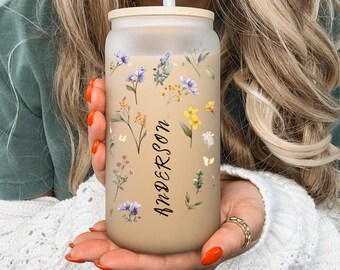 Personalisierte Wildblumen Blumenbecher, kundenspezifische Glaskaffeetasse, Brautjungfer Vorschlag Geschenk, Geschenke für sie, Muttertagsgeschenk, Abschlussgeschenk