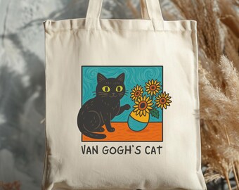 Van Gogh Black Cat Tote Bag, Cute Cat Canvas Bag, Funny Cat Art Tote, Cat Lover Gift for Her, Trendy Reusable Shopping Bag