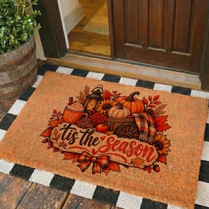 Tis the Season Doormat, Fall Pumpkin Welcome Mat, Autumn Harvest Home Decor, Rustic Cozy Housewarming Gift Front Porch Rug