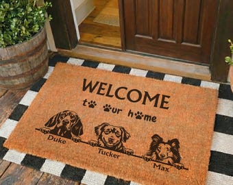 Welcome To Our Home Doormat, Personalized Dog Gift, Dog Welcome Mat, Housewarming Dog Gift, Custom Name Doormat, Dog Lover Gift, Home Gifts
