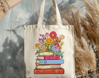 Floral Book Tote Bag,Books Tote Bag,Book Lover Gift,Book Club Gifts,Librarian Appreciation Gift,Bookworm Gift,Book Lover, Bookish Tote Bag