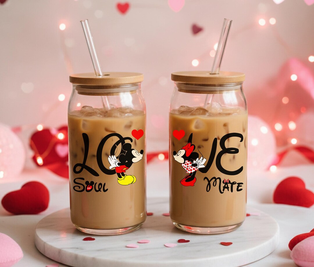 Matching Couple Glass Cup, Mickey Minnie Soul Mate Glass Cup, LO VE ...