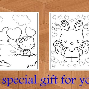 K&ouml;nnte beinhalten: Zwei Schwarz-Wei&szlig;-Malvorlagen mit einer Cartoon-Katze. Eine Seite zeigt die Katze mit herzf&ouml;rmigen Luftballons, die andere mit Schmetterlingsfl&uuml;geln. Der Text unten lautet "A special gift for you."
