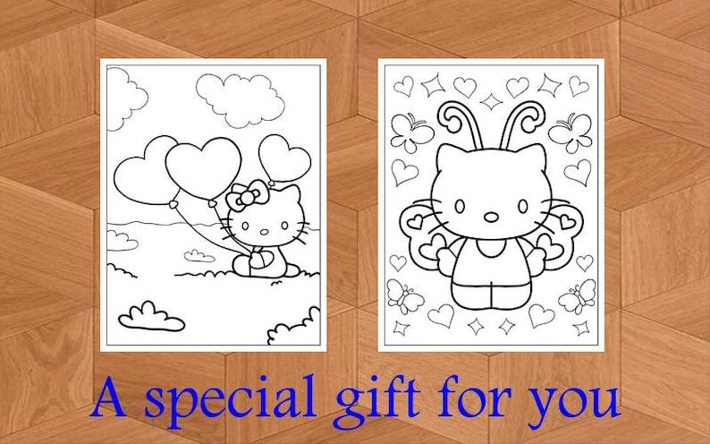 K&ouml;nnte beinhalten: Zwei Schwarz-Wei&szlig;-Malvorlagen mit einer Cartoon-Katze. Eine Seite zeigt die Katze mit herzf&ouml;rmigen Luftballons, die andere mit Schmetterlingsfl&uuml;geln. Der Text unten lautet "A special gift for you."