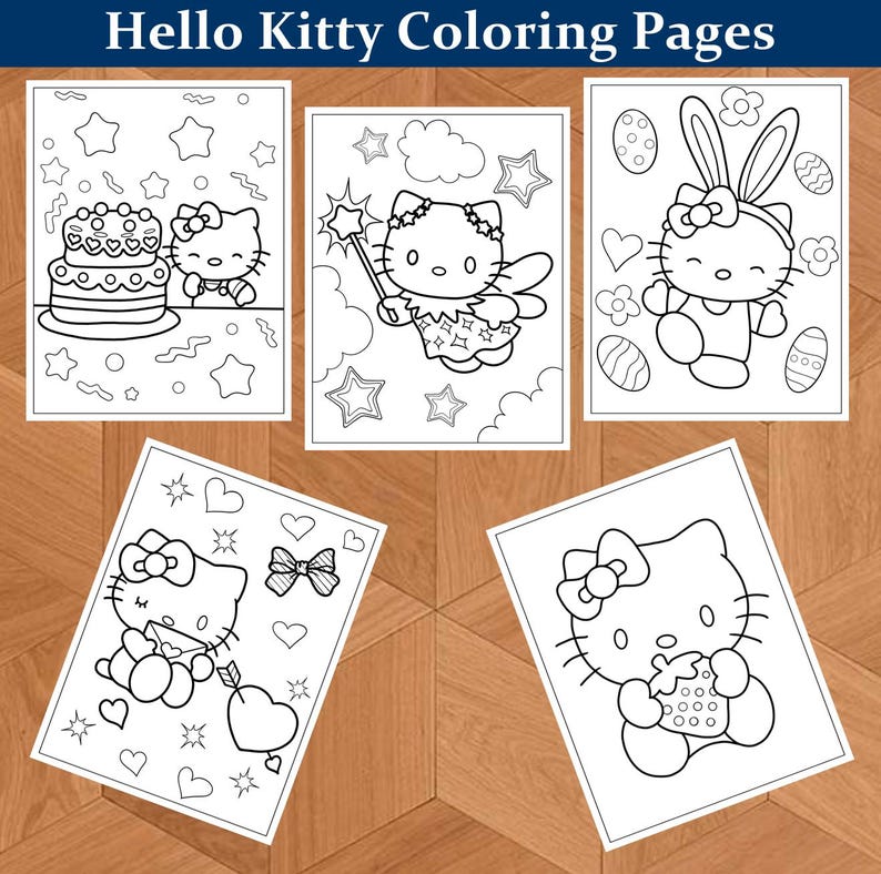 K&ouml;nnte beinhalten: F&uuml;nf Hello Kitty Malvorlagen mit verschiedenen Szenen mit der ikonischen Figur. Die Seiten zeigen Hello Kitty mit einem Kuchen, als Fee, mit Ostereiern, die ein Herz h&auml;lt und mit einer Erdbeere. Der Text "Hello Kitty Coloring Pages" steht oben.