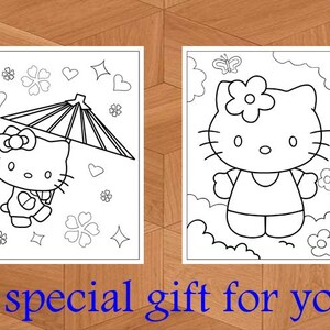 K&ouml;nnte beinhalten: Zwei Schwarz-Wei&szlig;-Malvorlagen mit Hello Kitty. Eine zeigt Hello Kitty mit einem Regenschirm, die andere zeigt sie stehend. Der Text unten lautet "A special gift for you."