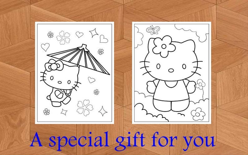 K&ouml;nnte beinhalten: Zwei Schwarz-Wei&szlig;-Malvorlagen mit Hello Kitty. Eine zeigt Hello Kitty mit einem Regenschirm, die andere zeigt sie stehend. Der Text unten lautet "A special gift for you."