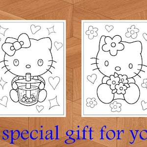 K&ouml;nnte beinhalten: Zwei Schwarz-Wei&szlig;-Strichzeichnungen einer Katze mit Schleife und Blume. Eine Katze h&auml;lt ein Getr&auml;nk, die andere h&auml;lt Blumen. Der Text "A special gift for you" steht unter den Zeichnungen.