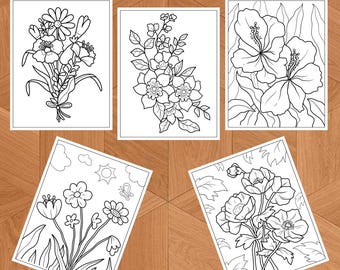 Dibujos de flores para colorear (PDF imprimible, 50 páginas, descarga instantánea)