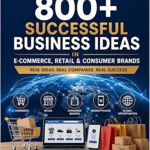 May include: A promotional poster titled 800+ Successful Business Ideas in E-commerce, Retail & Consumer Brands. It features a laptop displaying an online store, a miniature shopping cart with boxes, a smartphone, and several shopping bags.