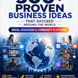 Könnte beinhalten: Ein digitales Plakat mit dem Titel 500+ PROVEN BUSINESS IDEAS THAT SUCCEED AROUND THE WORLD, das eine zentrale Weltkugel, Symbole für Medien und Bildung sowie Bilder von Menschen bei der Arbeit an Laptops zeigt. Unten steht die URL SuccessfulStartupIdeas.com.