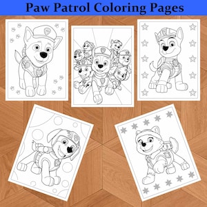 May include: Five Paw Patrol colouring pages featuring various characters in black and white line art. The pages include images of Chase, Marshall, and other pups, ready for colouring. The text "Paw Patrol Coloring Pages" is at the top.