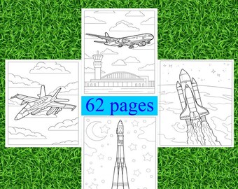 Dibujos para colorear de vuelo espacial / 62 páginas / PDF imprimible para niños / Descarga instantánea