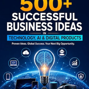 Pode incluir: Um cartaz digital intitulado 500+ SUCCESSFUL BUSINESS IDEAS IN TECHNOLOGY, AI & DIGITAL PRODUCTS. Apresenta uma lâmpada brilhante com um gráfico de cérebro, rodeada por ícones tecnológicos, um portátil, um smartphone e um headset VR.