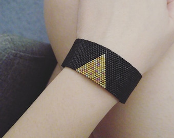 Geometric Black Cuff, Black Triangle Bracelet, Gold Triangle Cuff, Elastic Cuff, Geometric Cleopatra Cuff, Statement Triangle Cuff