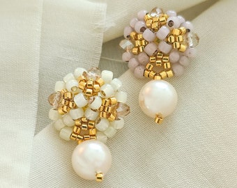 Peranakan earrings, ivory white earrings, blush pink earrings, pearl drop earrings, beaded earrings, JeannieRichard