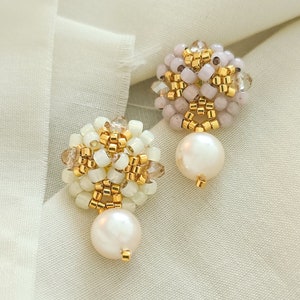 Peranakan earrings, ivory white earrings, blush pink earrings, pearl drop earrings, beaded earrings, JeannieRichard image 1