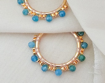 Apatite blue stone earrings, blue stones earrings, semi precious stones earrings, small gold hoops, beaded gold hoops, JeannieRichard