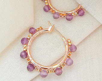 Amethyst stones small gold hoops, Beaded gold hoops, Purple small hoops, Small gold hoops, Semi precious stones earrings, JeannieRichard