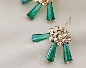 Green crystal earrings, fan drop earrings, dainty earrings, beaded earrings, JeannieRichard