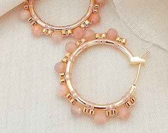 Rose Quartz Hoops, gold hoops, pink stones hoops, small gold hoops, pink and gold hoops, JeannieRichard