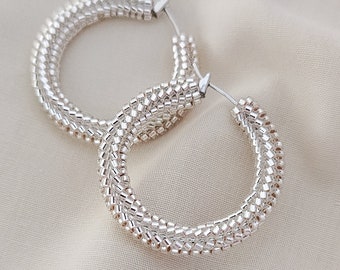 Silver hoops, beaded hoops, silver earrings, 30mm hoops, JeannieRichard