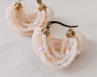 Blush pink beaded hoops, pearl hoops, loop hoops, small beaded hoops, JeannieRichard