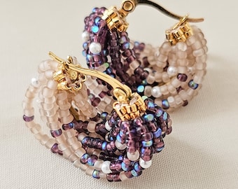 Purple beaded hoops, pearl hoops, loop hoops, small beaded hoops, JeannieRichard