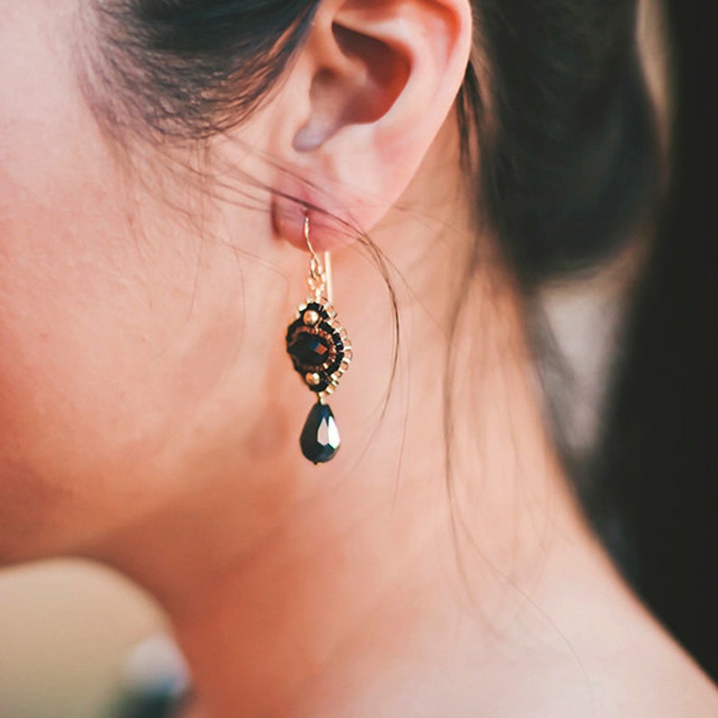 Black and Gold Earrings Flower Dangle Earrings Black Etsy Israel