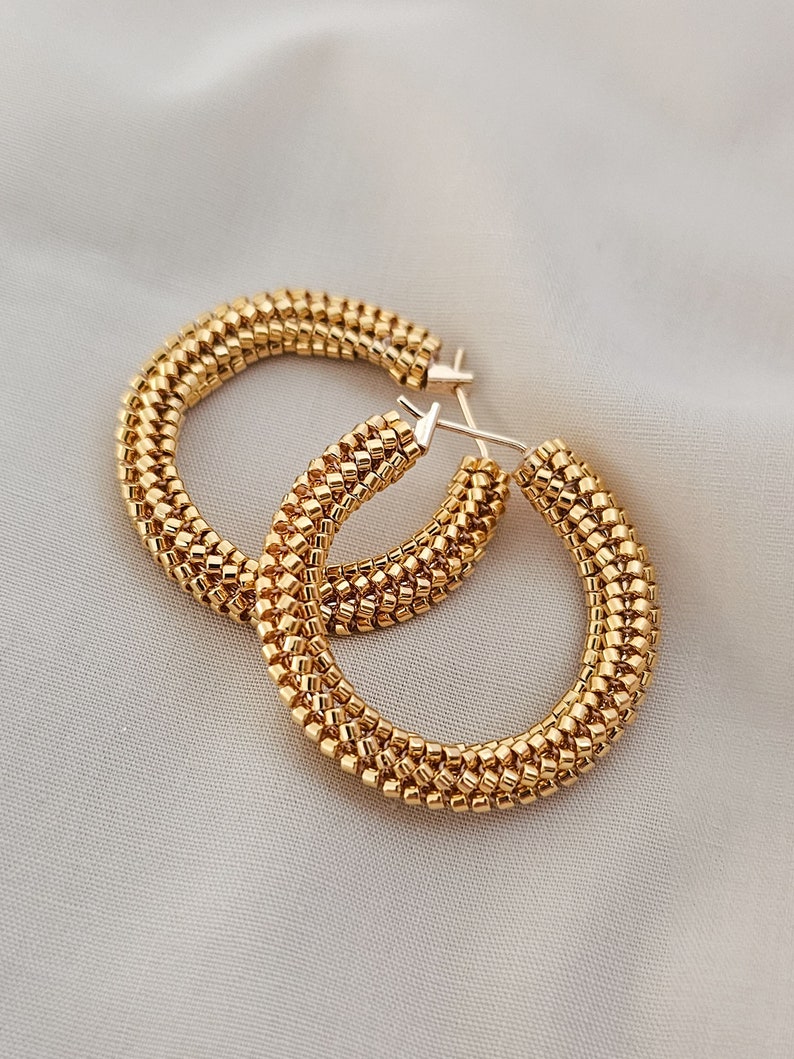 Gold hoops, beaded hoops, gold earrings, 30mm hoops, JeannieRichard image 2