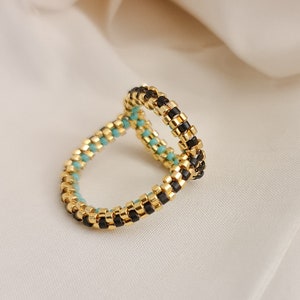 Circle Ring, Beaded Gold Ring, Art Deco Ring, Gold and Black Ring, Beaded Circle Gold Ring, Turquoise Ring, Round Ring, Statement Ring image 2