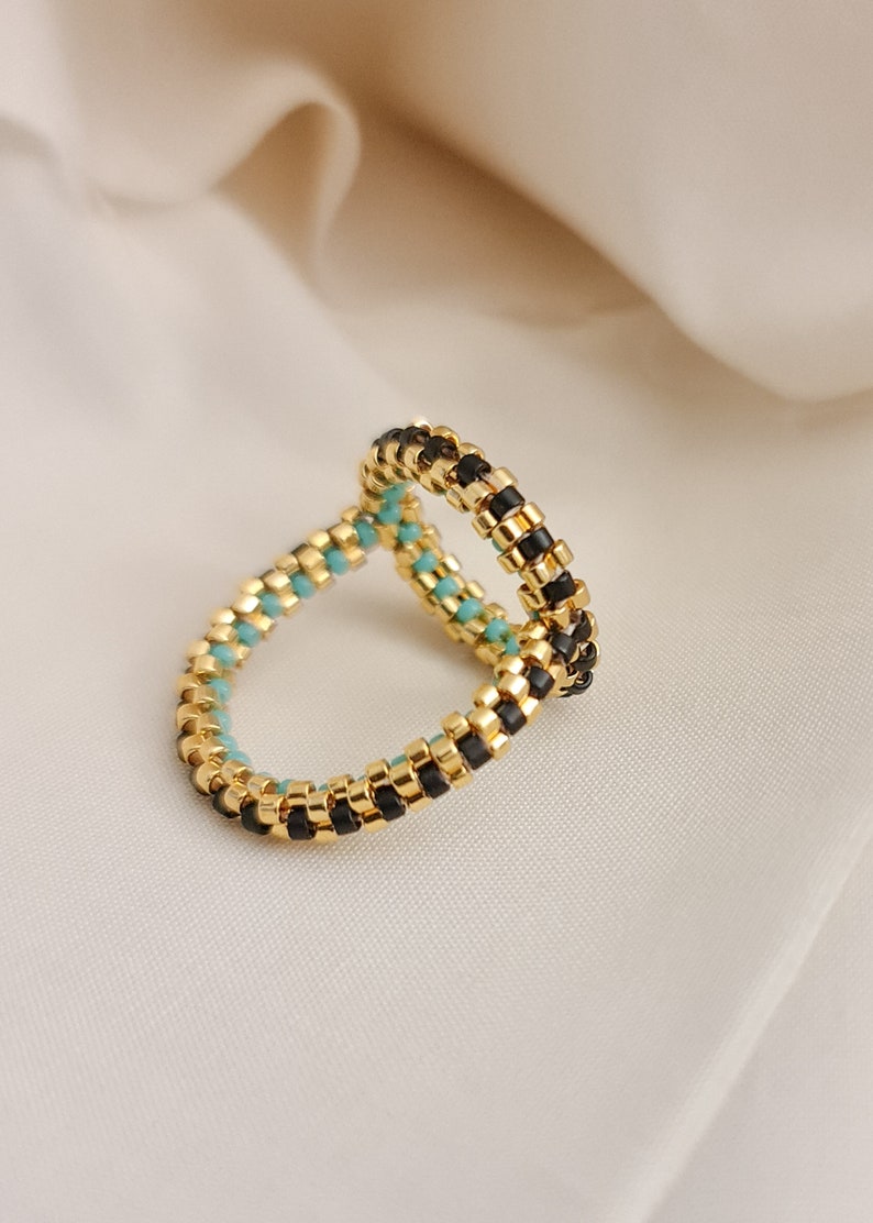 Circle Ring, Beaded Gold Ring, Art Deco Ring, Gold and Black Ring, Beaded Circle Gold Ring, Turquoise Ring, Round Ring, Statement Ring image 2