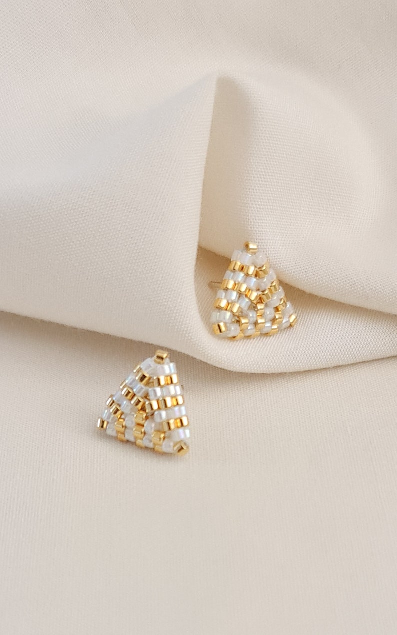 Triangle Studs, Art Deco Earrings, Beaded Studs, Black and Gold Studs, White and Gold Studs, Dainty Triangle Studs, Small Studs image 3