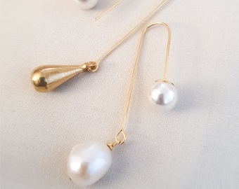 Brass teardrop dangles, Pearl drops dangles, Mix Match Earrings, Baroque Pearl Earrings, Brass Earrings