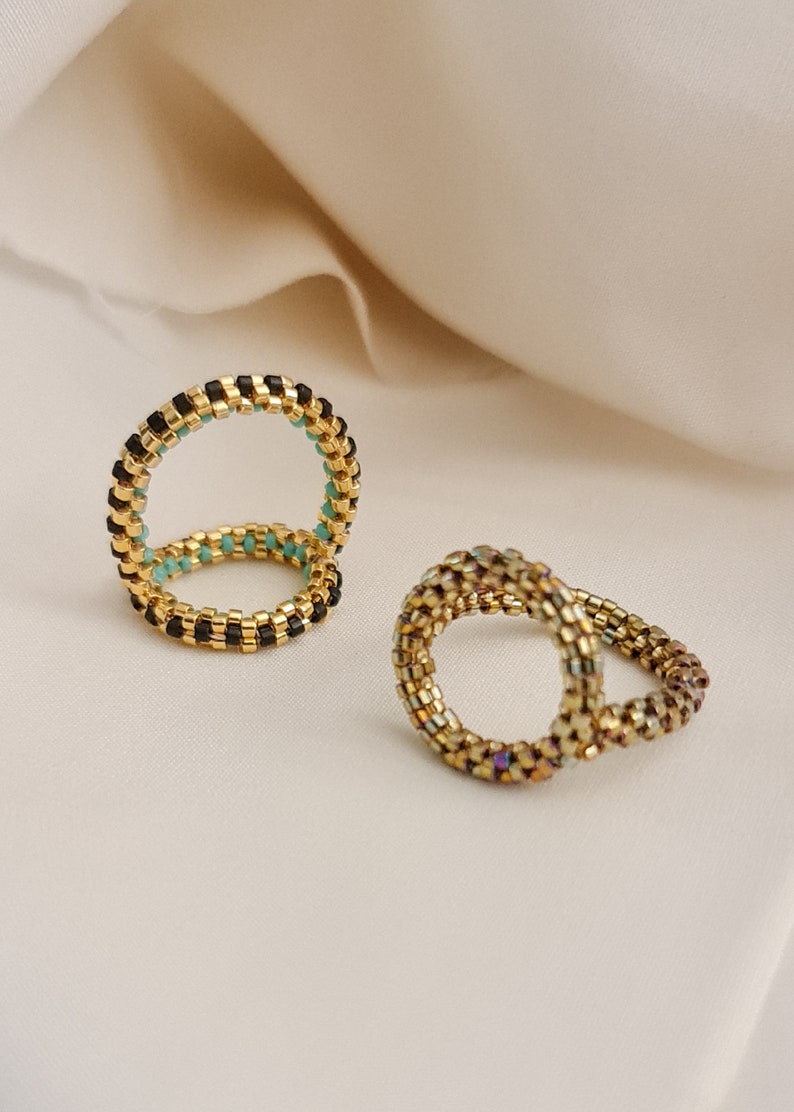 Circle Ring, Beaded Gold Ring, Art Deco Ring, Gold and Black Ring, Beaded Circle Gold Ring, Turquoise Ring, Round Ring, Statement Ring image 4