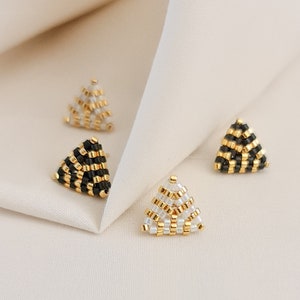 Triangle Studs, Art Deco Earrings, Beaded Studs, Black and Gold Studs, White and Gold Studs, Dainty Triangle Studs, Small Studs image 1