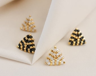 Triangle Studs, Art Deco Earrings, Beaded Studs, Black and Gold Studs, White and Gold Studs, Dainty Triangle Studs, Small Studs