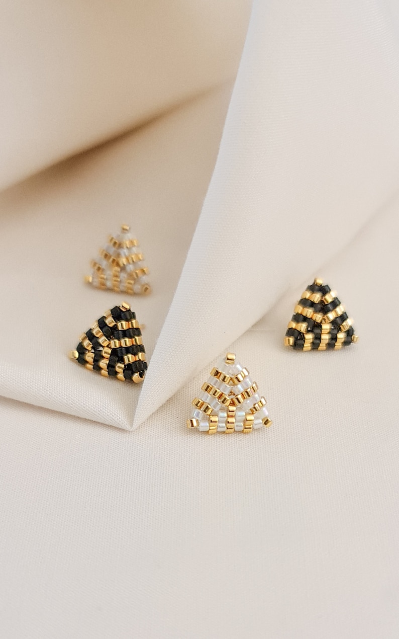 Triangle Studs, Art Deco Earrings, Beaded Studs, Black and Gold Studs, White and Gold Studs, Dainty Triangle Studs, Small Studs image 1