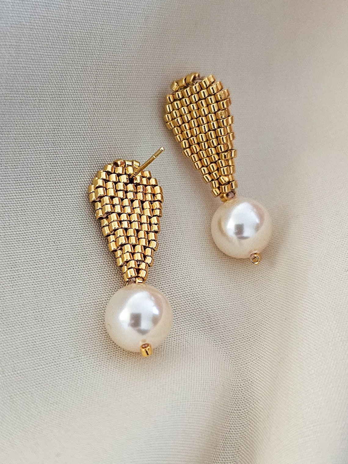 Gold Pearl Drop Dangle Earrings, Pearl Drop Earrings, Beaded Gold ...