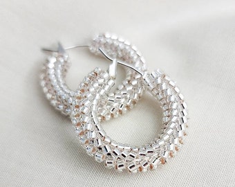 Silver small hoops, beaded hoops, silver earrings, small hoops, JeannieRichard